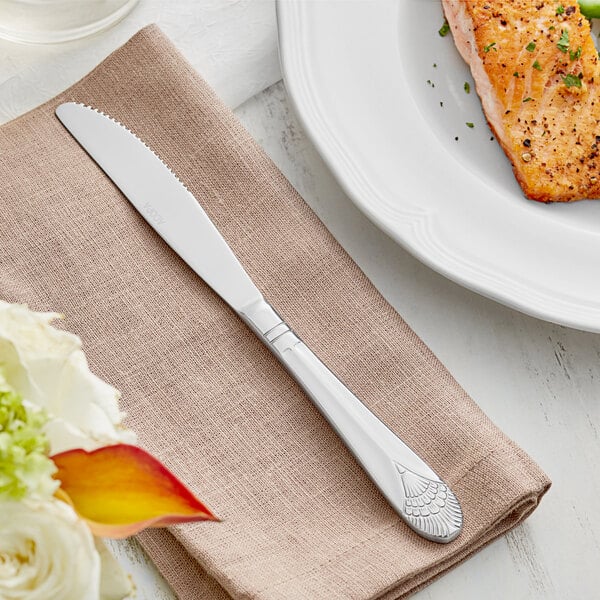 An Acopa Monaca stainless steel dinner knife on a napkin next to a plate of food.