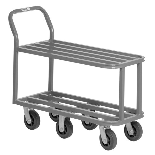 A gray cart with three wheels and a steel tubular frame.