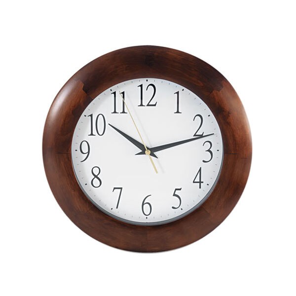 A Universal cherry wood wall clock with numbers on it.