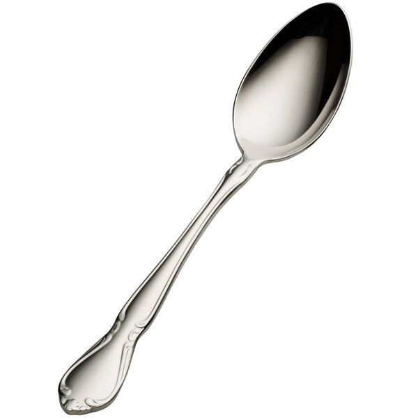A close-up of a Bon Chef Queen Anne stainless steel soup/dessert spoon with a silver handle and spoon.