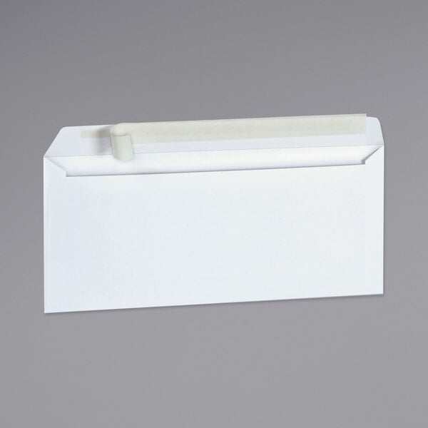 A Universal white #10 business envelope with a peel seal adhesive strip.