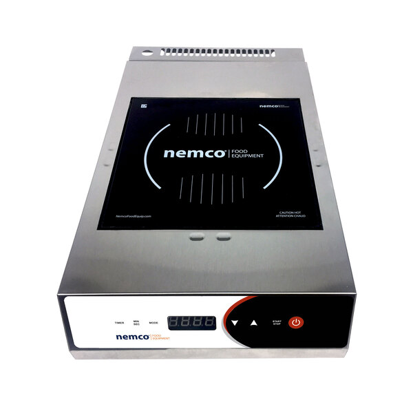 A Nemco countertop induction range with a black and silver rectangular body and a black screen.