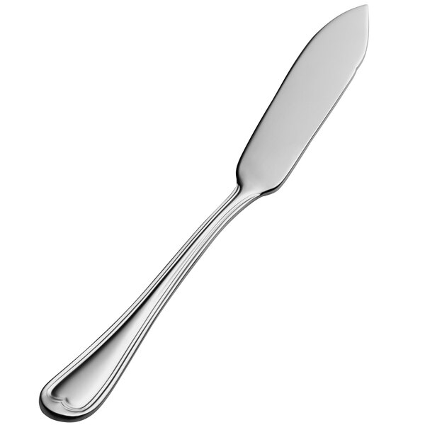 A close-up of a silver Bon Chef butter knife with a long handle.