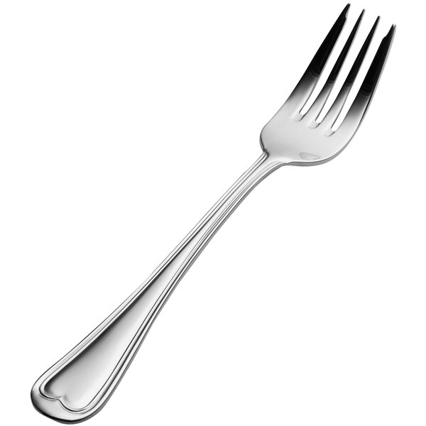 A close-up of a Bon Chef stainless steel salad/dessert fork with a silver handle.