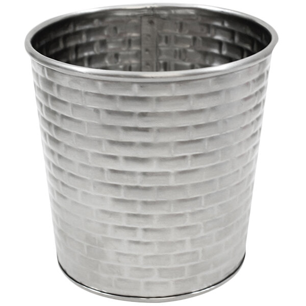 A silver metal container with a basket weave pattern.