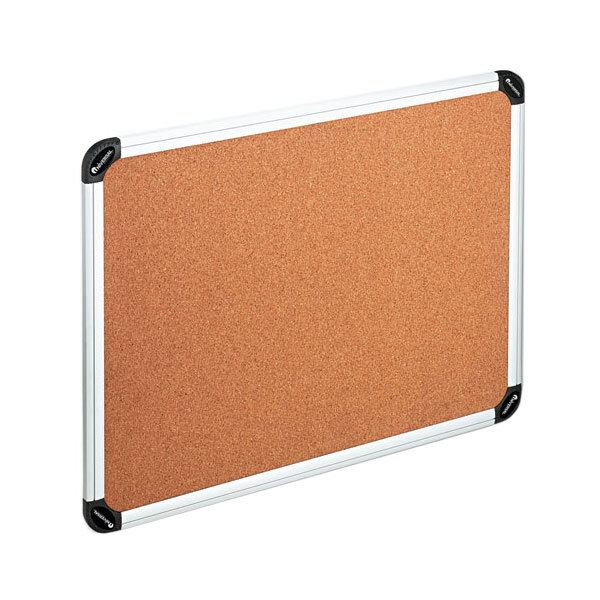 A cork board with an aluminum frame.