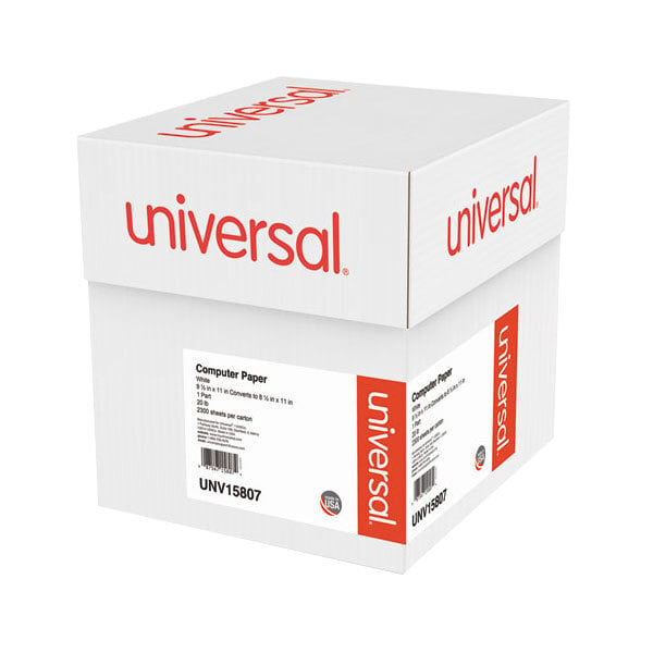Universal UNV15807 9 1/2" x 11" White Case of 20# Perforated Continuous Print Computer Paper - 2300 Sheets