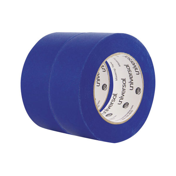 A pack of two blue Universal blue painter's tape rolls with black and white labels.