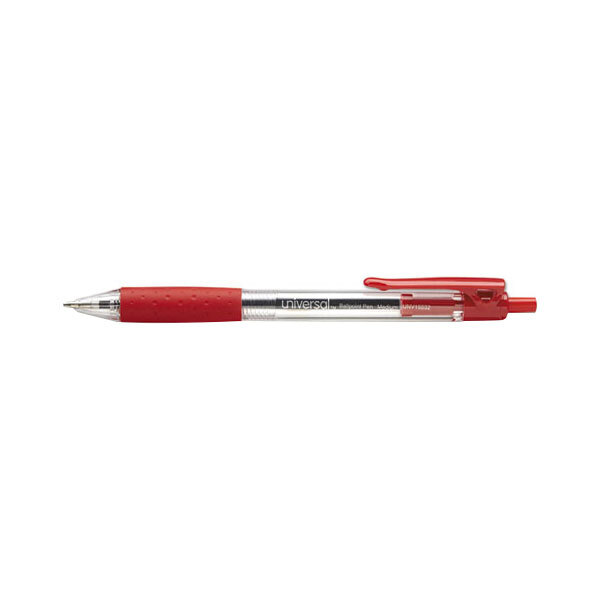 A Universal red ballpoint pen with a clear barrel and silver tip.