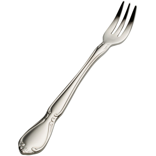 A Bon Chef stainless steel oyster/cocktail fork with a silver handle.