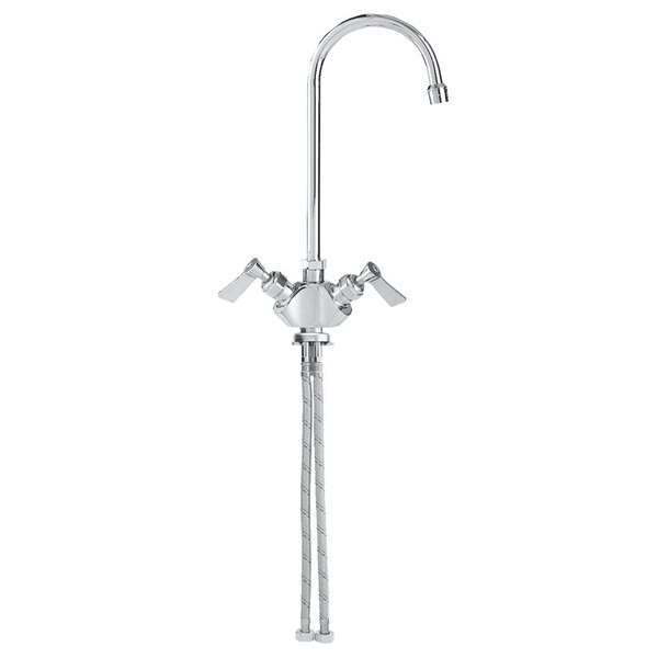 A Fisher deck-mounted faucet with rigid gooseneck nozzle and lever handles.