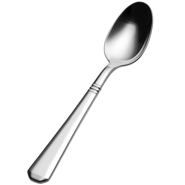A Bon Chef stainless steel teaspoon with a silver handle.