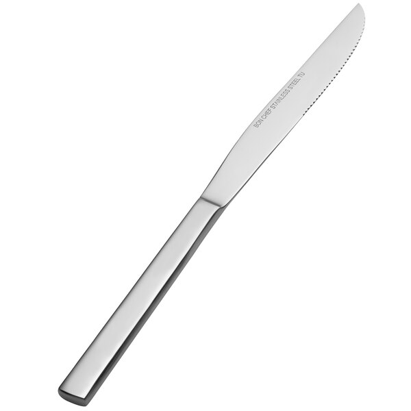 A close-up of a Bon Chef Milan stainless steel steak knife with a silver handle.