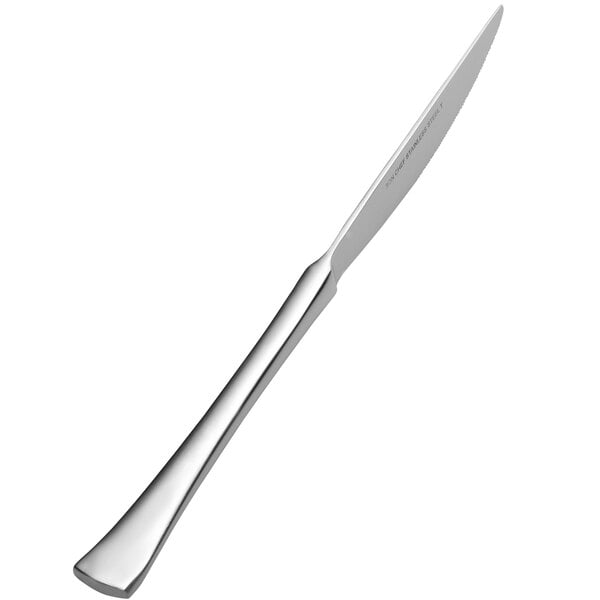 A Bon Chef stainless steel dinner knife with a solid long handle.