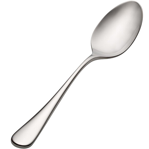 A Bon Chef stainless steel soup/dessert spoon with a silver handle on a white background.