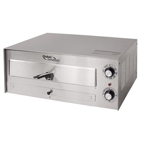 A silver rectangular Global Solutions countertop pizza oven with knobs.
