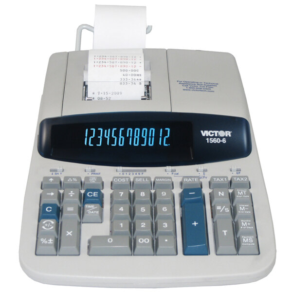 A close-up of a Victor 12-digit two-color printing calculator with a receipt on it.