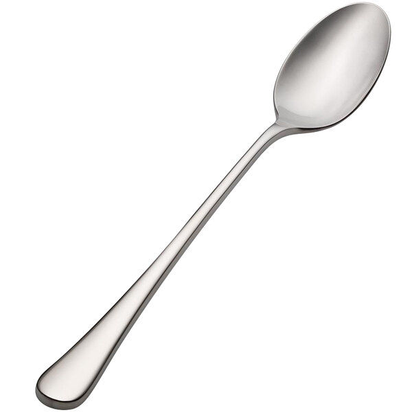 A Bon Chef stainless steel iced tea spoon with a silver handle on a white background.