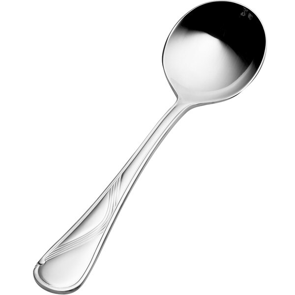 A close-up of a Bon Chef stainless steel bouillon spoon with a silver handle.