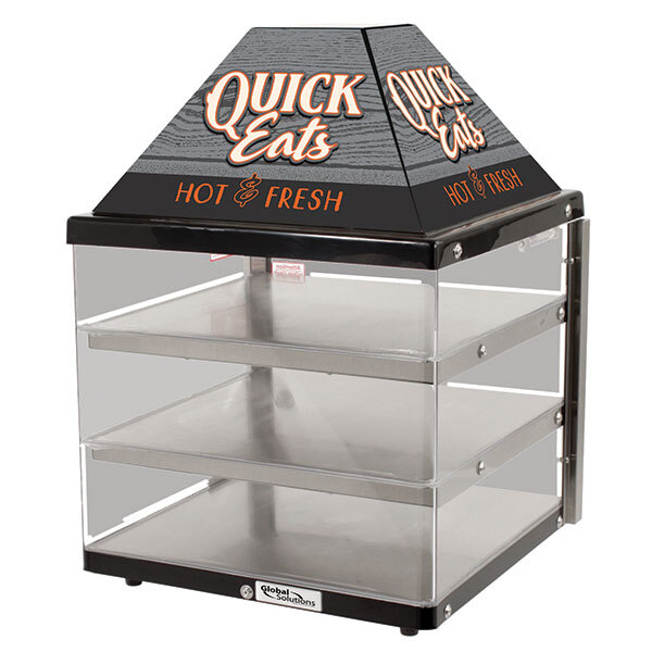 A Global Solutions countertop hot food display case with three shelves and a black and clear cover.