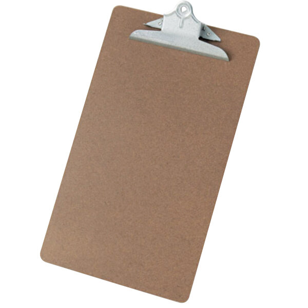 A brown Universal hardboard clipboard with a metal clip.
