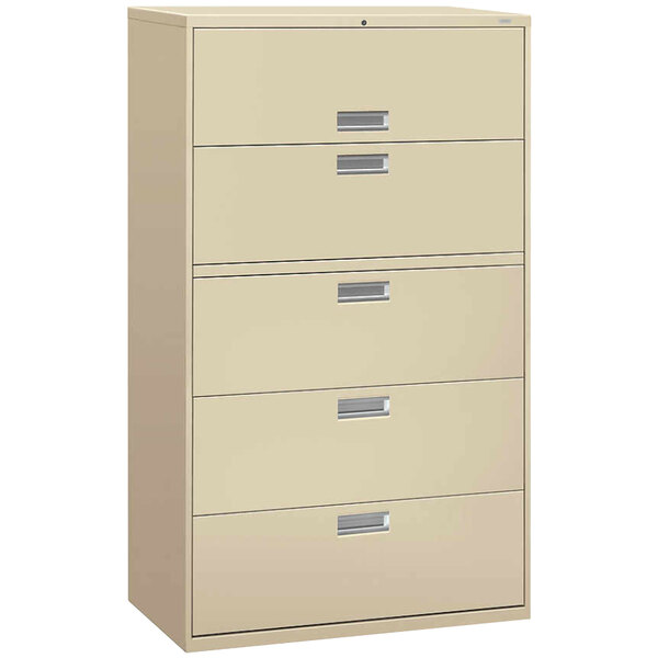 A putty HON 695LL five-drawer lateral file cabinet with silver handles.