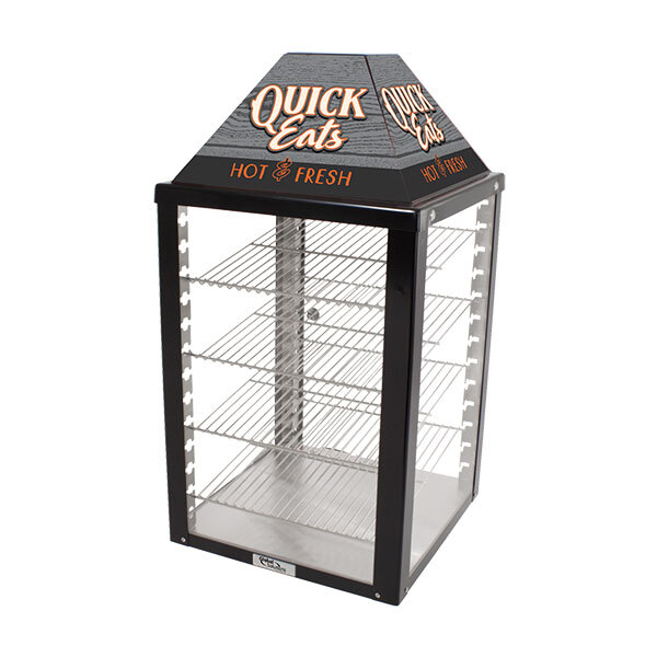 A Global Solutions countertop hot food display warmer with a glass display case and a black top.