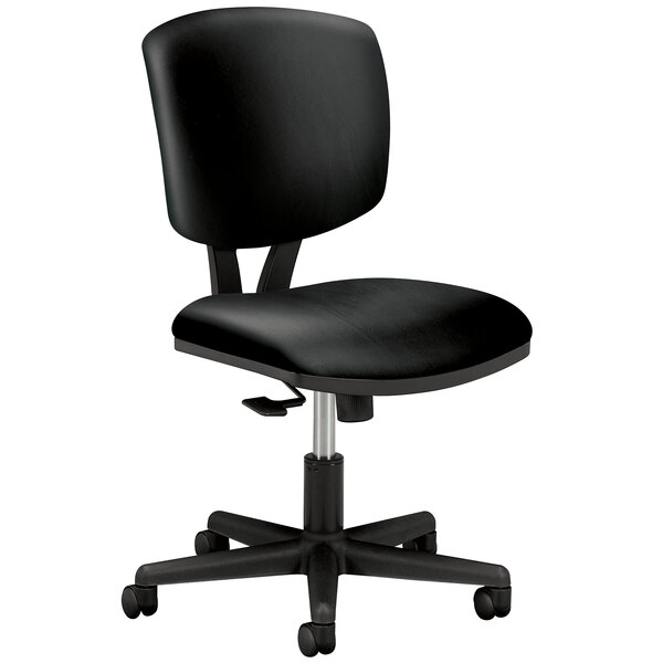 A black HON office chair with wheels and a black cushion.