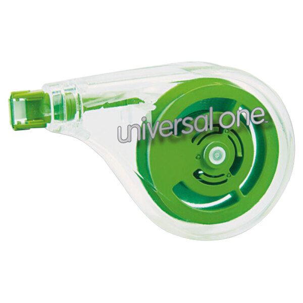 A clear tape dispenser with green and white Universal correction tape inside.