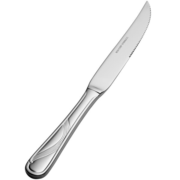 A Bon Chef stainless steel knife with a silver wave handle.