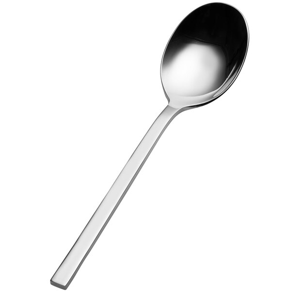 A Bon Chef stainless steel soup spoon with a long silver handle.