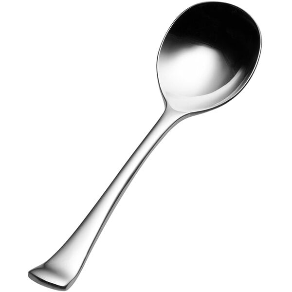 The handle of a Bon Chef stainless steel bouillon spoon.