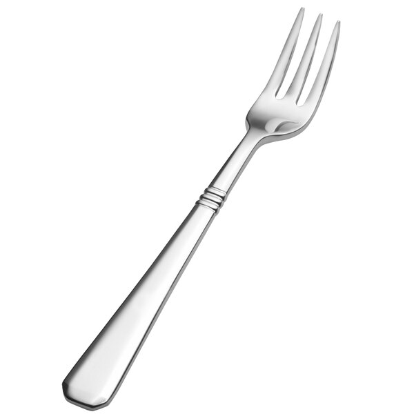 A close-up of a Bon Chef stainless steel oyster/cocktail fork with a silver handle.