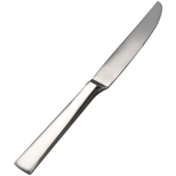 A close-up of a Bon Chef Roman stainless steel dessert knife with a silver handle.