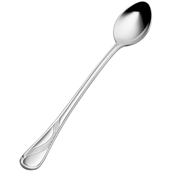 A close-up of a Bon Chef stainless steel iced tea spoon with a wave handle.