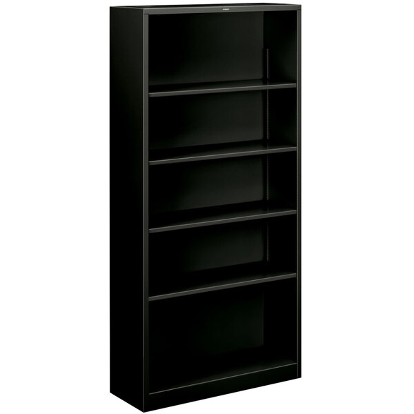 A black HON metal bookcase with five shelves.
