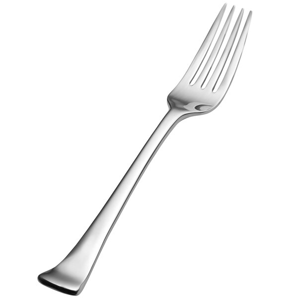 A close-up of a Bon Chef stainless steel dinner fork with a silver handle.