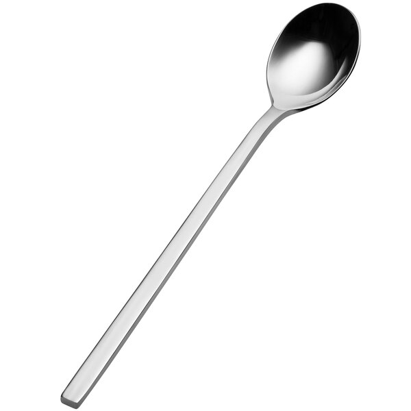 A close-up of a Bon Chef stainless steel iced tea spoon with a long handle.