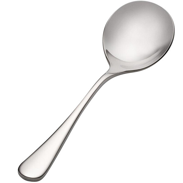 A Bon Chef stainless steel bouillon spoon with a handle on a white background.