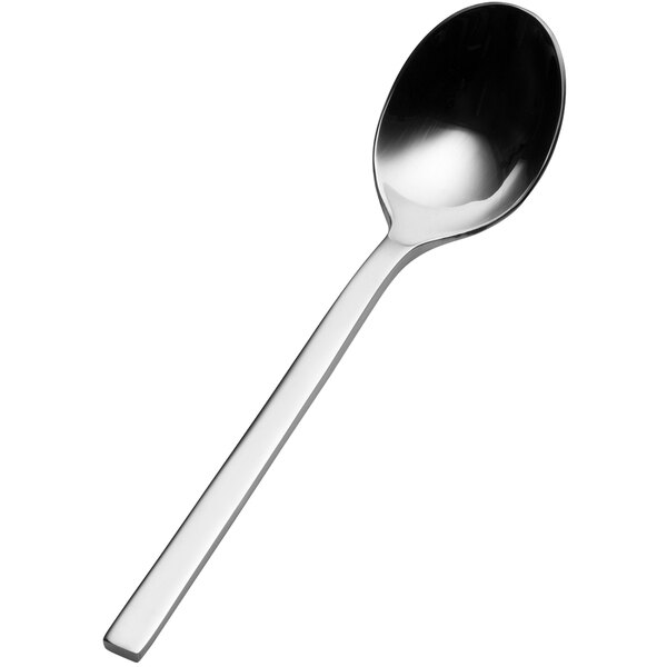 A close-up of a Bon Chef stainless steel teaspoon with a black handle.