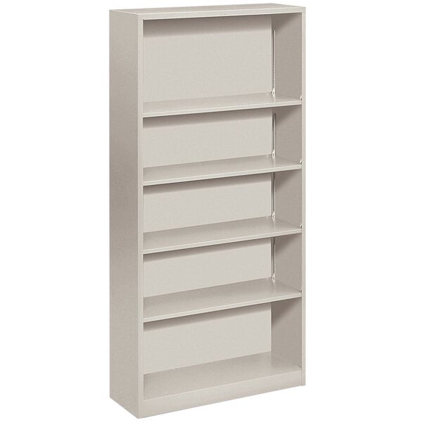 A light gray metal bookcase with five shelves.