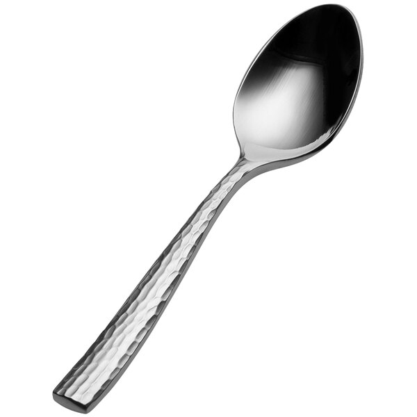 A Bon Chef stainless steel demitasse spoon with a black handle.