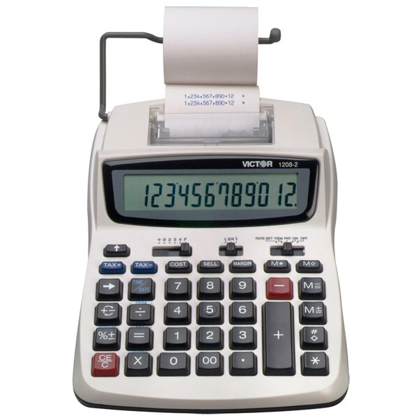 A Victor 12-digit printing calculator with a paper roll.