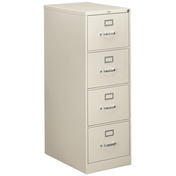 A light gray HON filing cabinet with four drawers and silver handles.