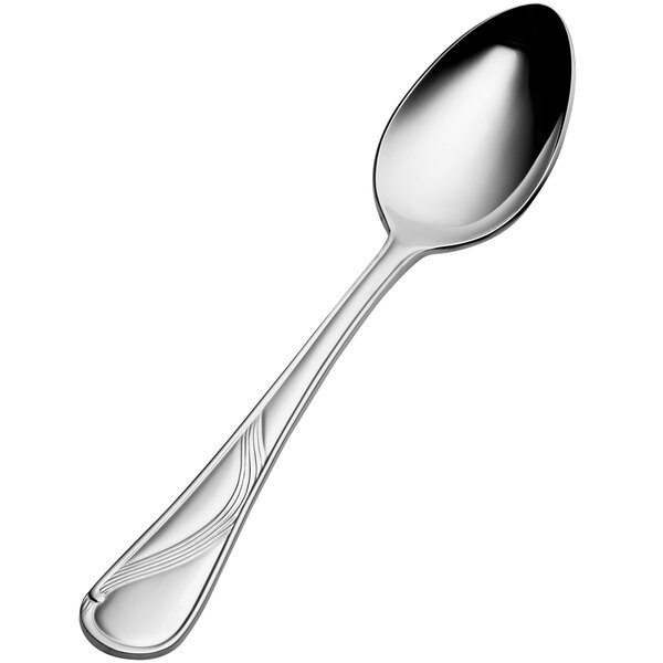 A Bon Chef stainless steel spoon with a curved handle and silver spoon.