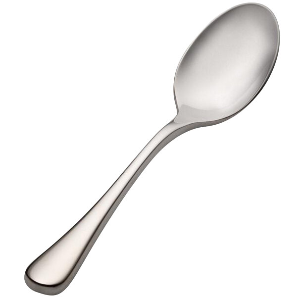 A close-up of a Bon Chef stainless steel demitasse spoon with a silver handle.