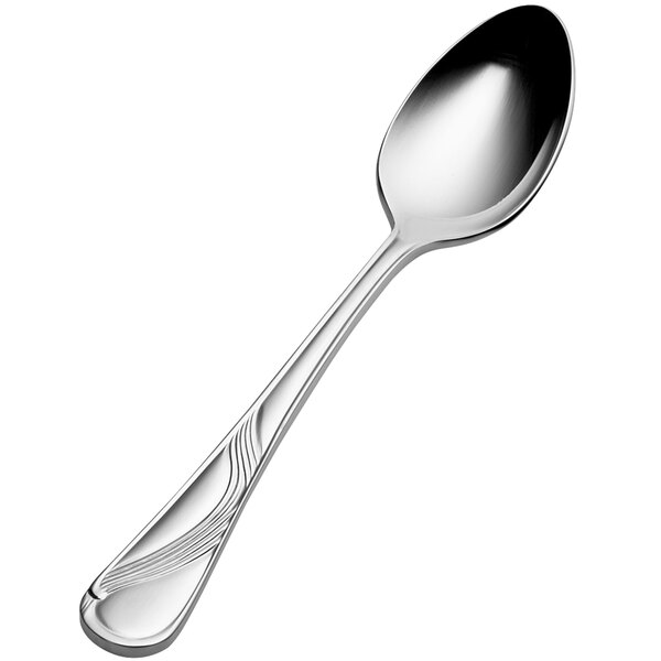 A Bon Chef stainless steel demitasse spoon with a wave pattern on the handle.