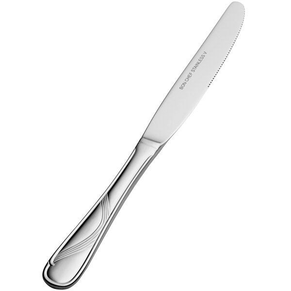A Bon Chef stainless steel dessert knife with a wave handle.