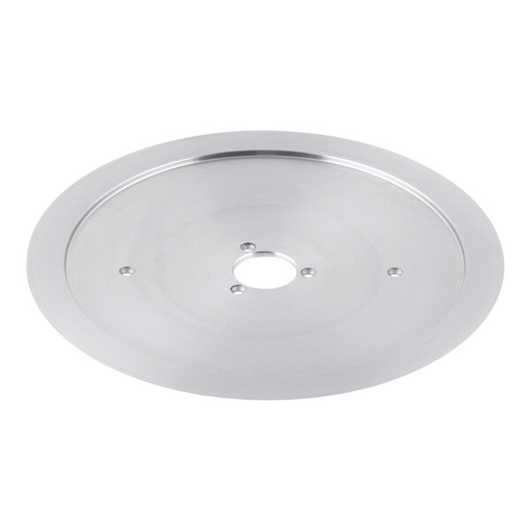 A circular stainless steel Avantco slicer blade with a hole in the center.