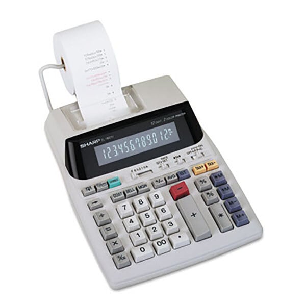 A Sharp EL-1801V calculator with a roll of paper on a holder.